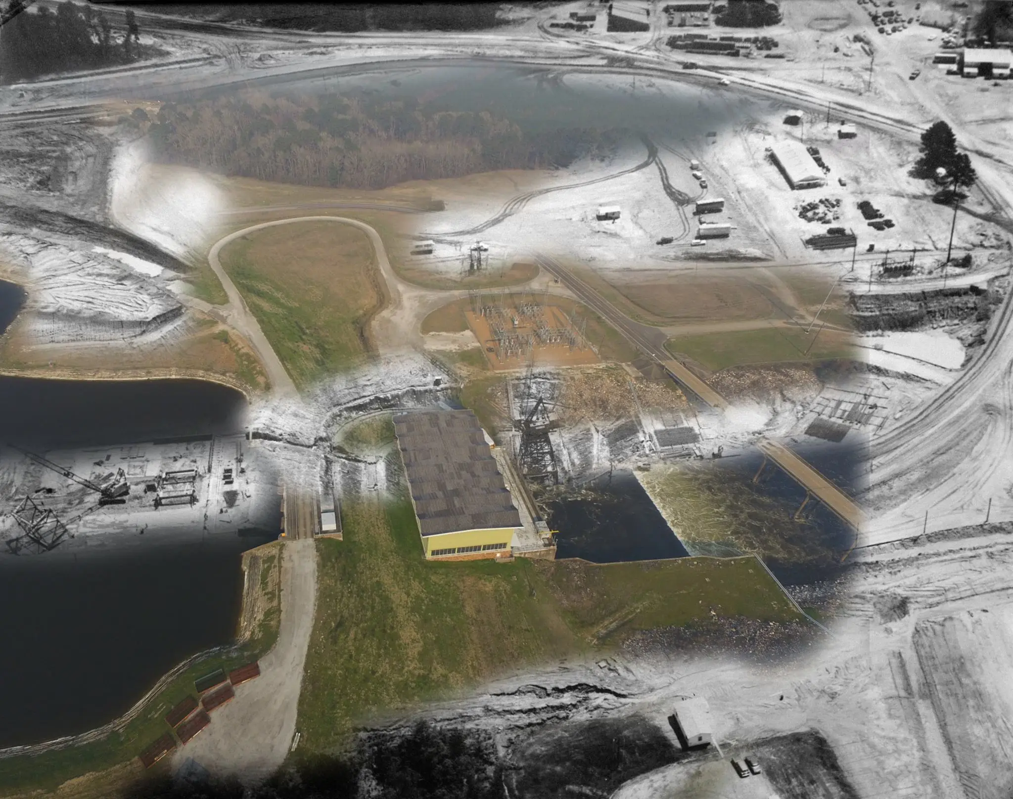 Photograph from the Facebook post “Then and now: 1966, construction of the power plant at the Toledo Bend interlaced with…”