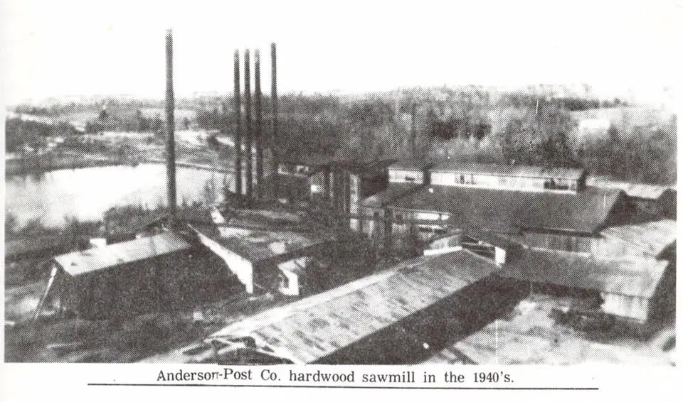 Photograph from the Facebook post “Anderson Post Company hardwood sawmill in the 1940s.”