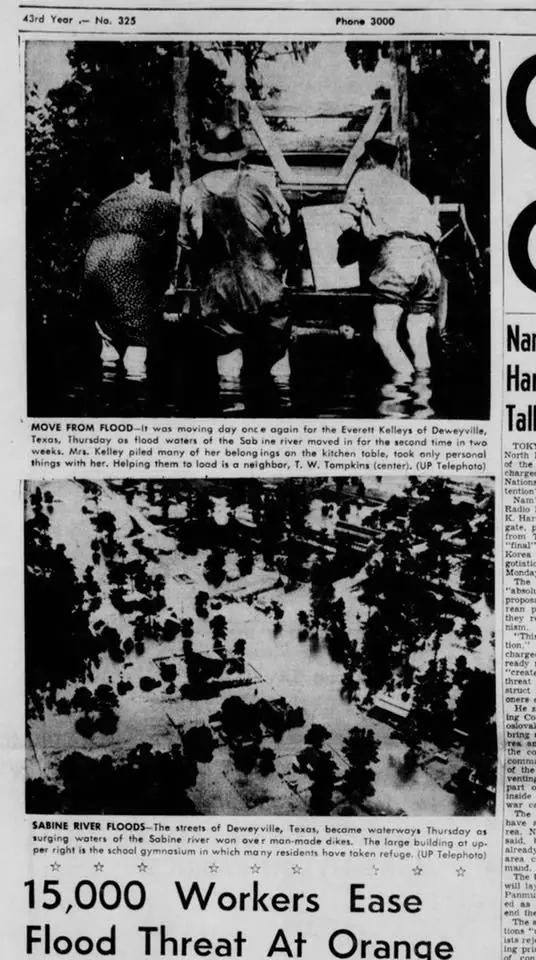 Photograph from the Facebook post “Newspaper clippings from the 1953 flood of the Sabine River.”