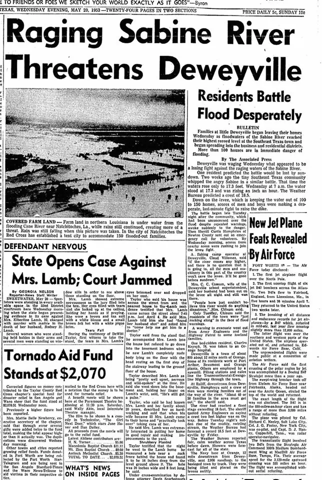 Photograph from the Facebook post “Newspaper clippings from May 1953, the year of a huge flood on the Sabine River.”