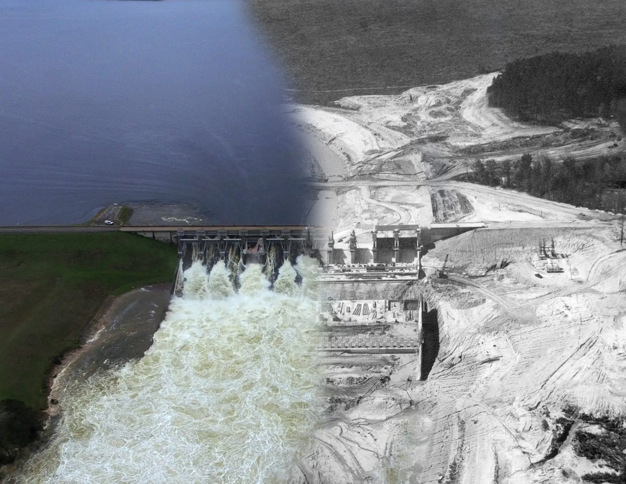 Photograph from the Facebook post “A comparison of the Toledo Bend Dam under construction (1960s) with the Toledo Bend Dam…”