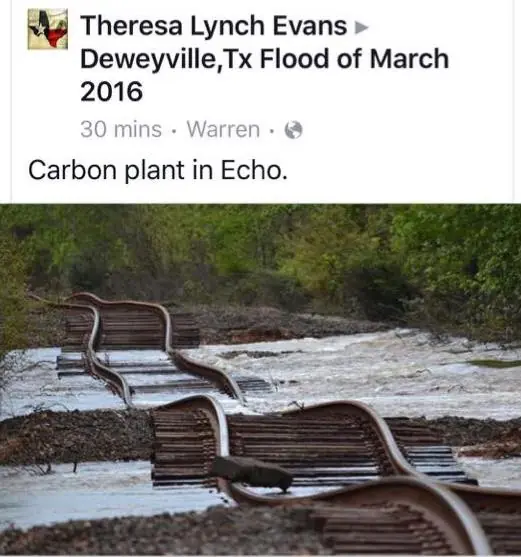 Photograph from the Facebook post “Shared by Linda Brewster Houser, photo of the railroads tracks and carbon plant in Echo,…”