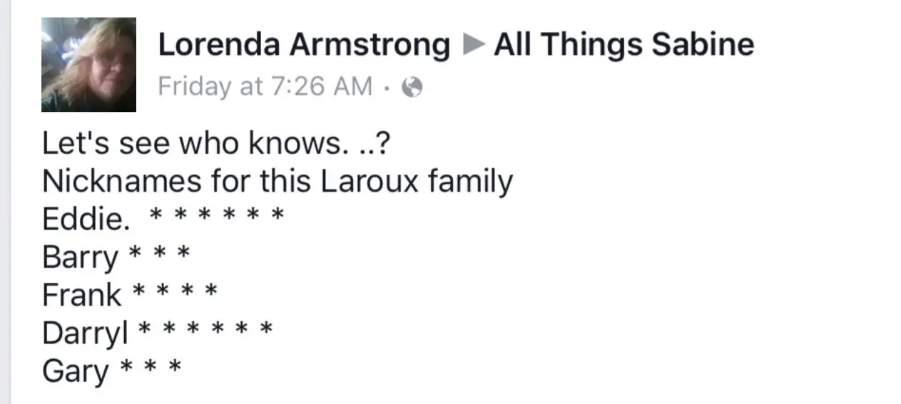 Photograph from the Facebook post “Laroux nicknames.”