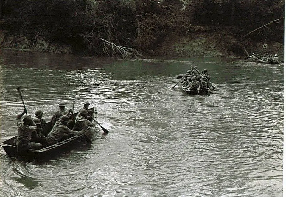 Photograph from the Facebook post “Third Army crossing Sabine River at Merryville, Louisiana (between Beauregard Parish and…”