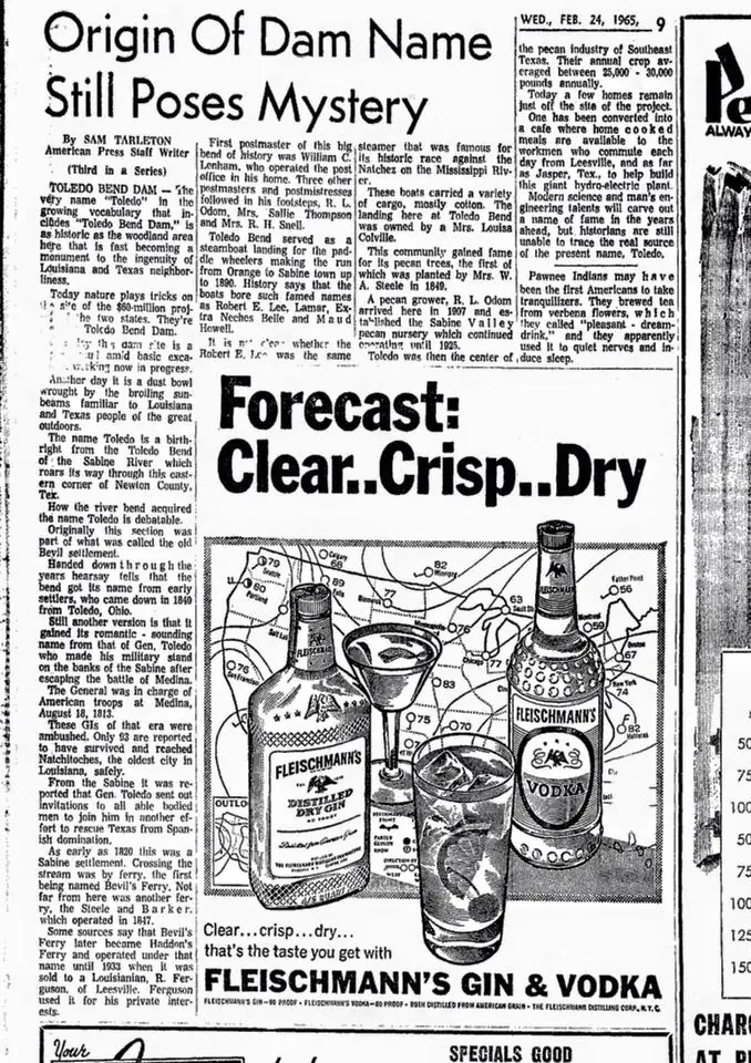Photograph from the Facebook post “Neat article from a 1960 edition of The Lake Charles American Press on the name "Toledo…”