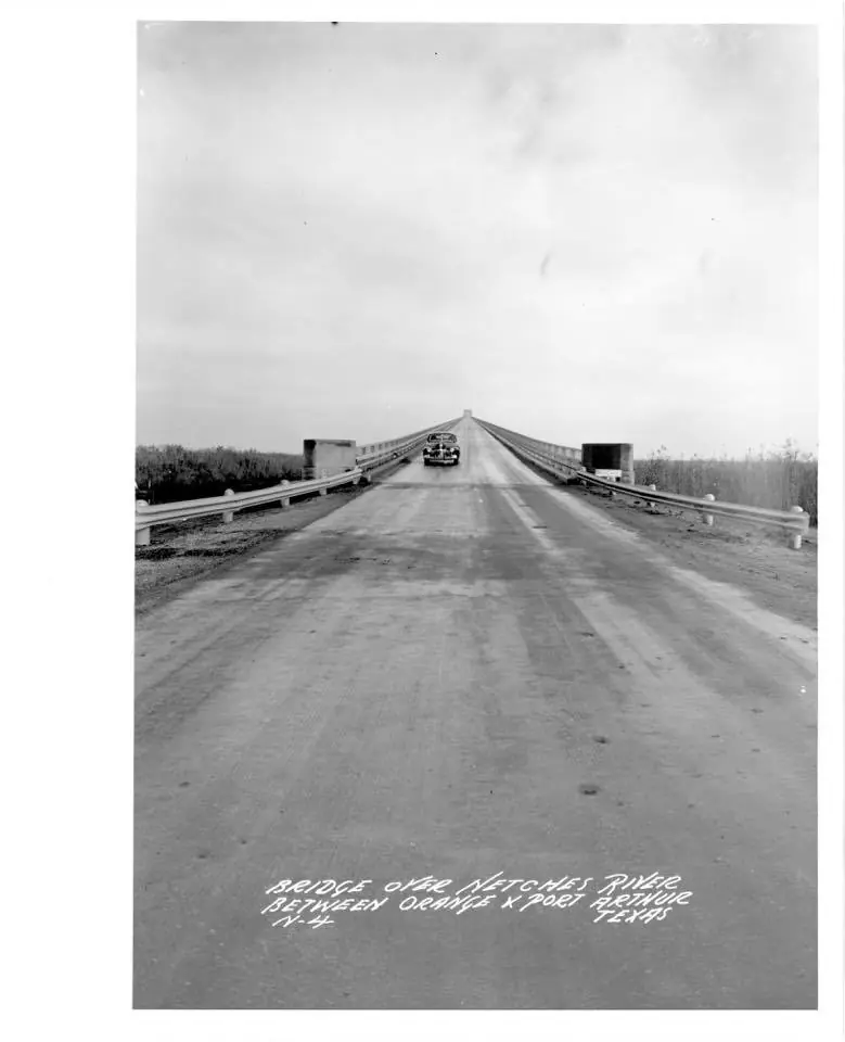 Photograph from the Facebook post “1948, Bridge over Neches River Between Orange and Port Arthur, Texas source: L.L.”