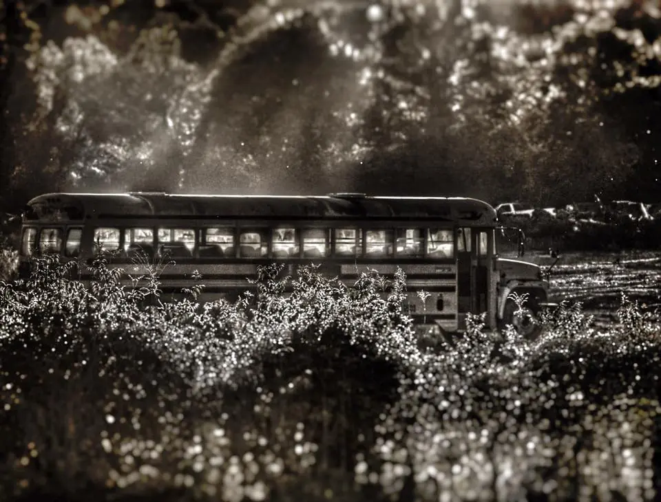 Photograph from the Facebook post “I couldn't help turning around to get a photograph of this old school bus in David…”