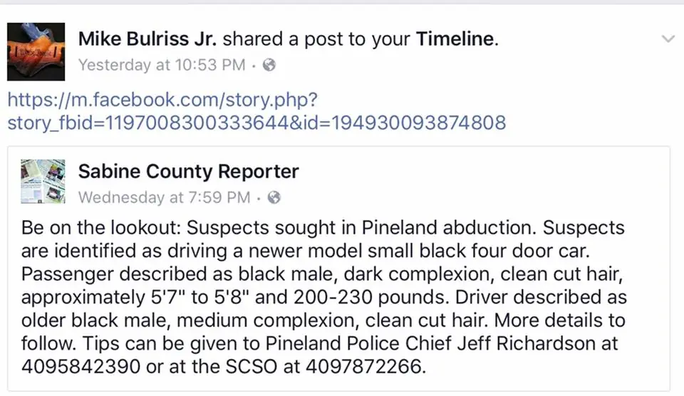 Photograph from the Facebook post “Sharing this by request...”