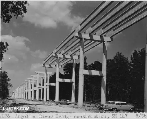 Photograph from the Facebook post “Angelina River Bridge construction, 1958, over what will be Sam Rayburn Lake, near…”