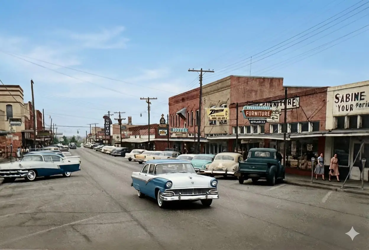 Photograph from the Facebook post “Downtown Many, maybe in the 50s (gosh I wish I was better at this but I know there are…”