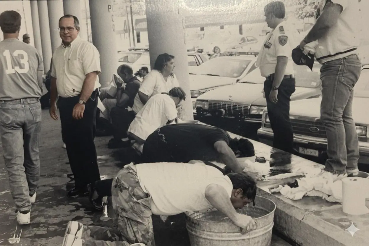 Photograph from the Facebook post “Photo I took back in the day (1990s) as officers and deputies were required to be maced…”
