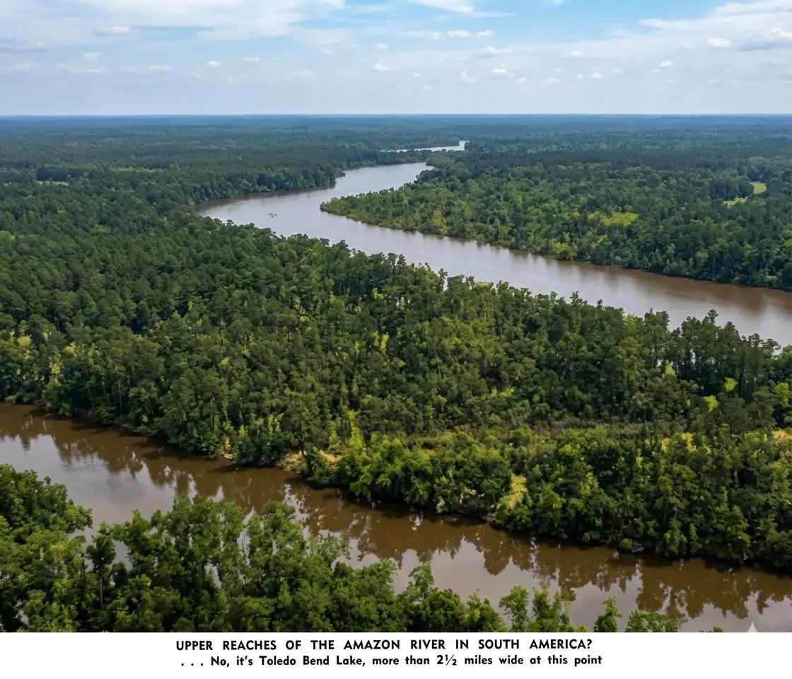 Photograph from the Facebook post “From a newspaper showing winding Sabine River in 1960s, after it was dammed and as it is…”