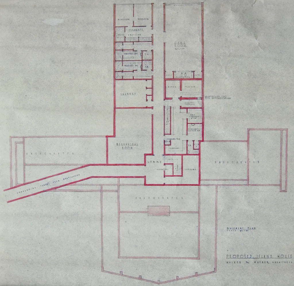 Hodges Residence, downstairs floor plan, Walker & Walker Architects. Note four primary wings with a plan view of the tunnel bending out of the western wing. Photo Credit: Hodges Foundation.