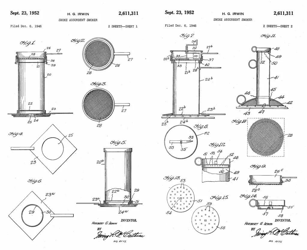 Patented plans for Herbert Irwin's smoke absorbent meat smoker, one of his later in life projects