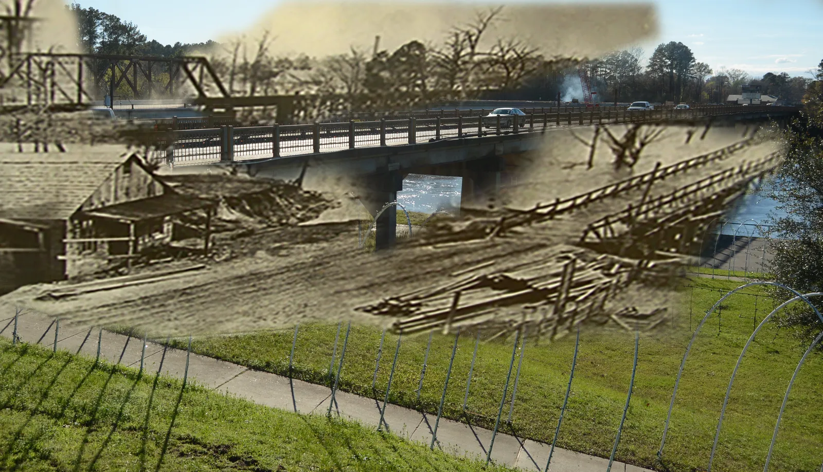 Looking towards Sabine River from Logansport, Louisiana... Early 1900s and in 2015