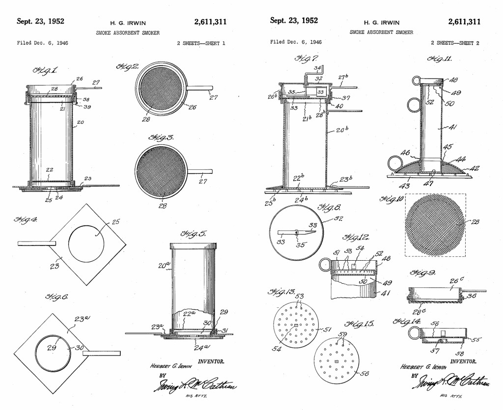 Patented plans for Herbert Irwin's smoke absorbent meat smoker, one of his later in life projects