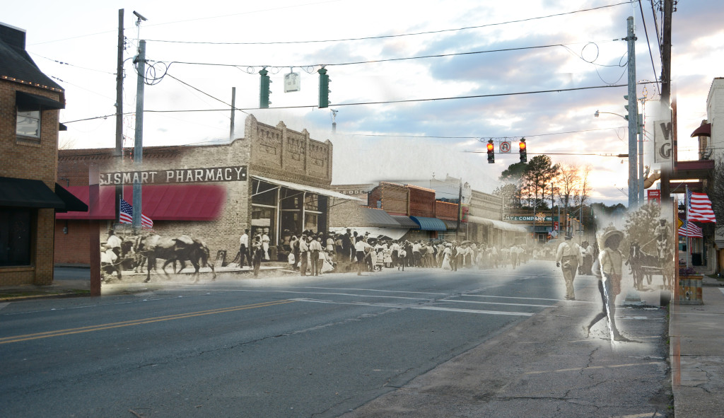 Downtown Logansport, Louisiana in early 1900s and in 2015