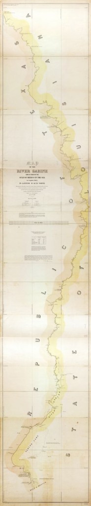 From Library of Congress, Map of the River Sabine from its mouth on the Gulf of Mexico in the sea to Logan's Ferry in latitude 31°58ʹ24ʺ north : shewing the boundary between the United States and the Republic of Texas between said points : as marked and laid down by survey in 1840, under the direction of the Commissioners appointed for that purpose 