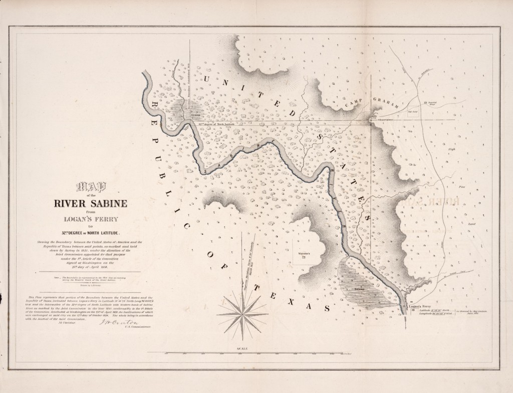 From the Library of Congress, Map of the river Sabine from Logan's Ferry to 32nd degree of north latitude : shewing the boundary between the United States of America and the Republic of Texas between said points, as marked and laid down by survey in 1841, under the direction of the Joint Commission appointed for that purpose under the 1st article of the convention signed at Washington on the 25th day of April 1838 