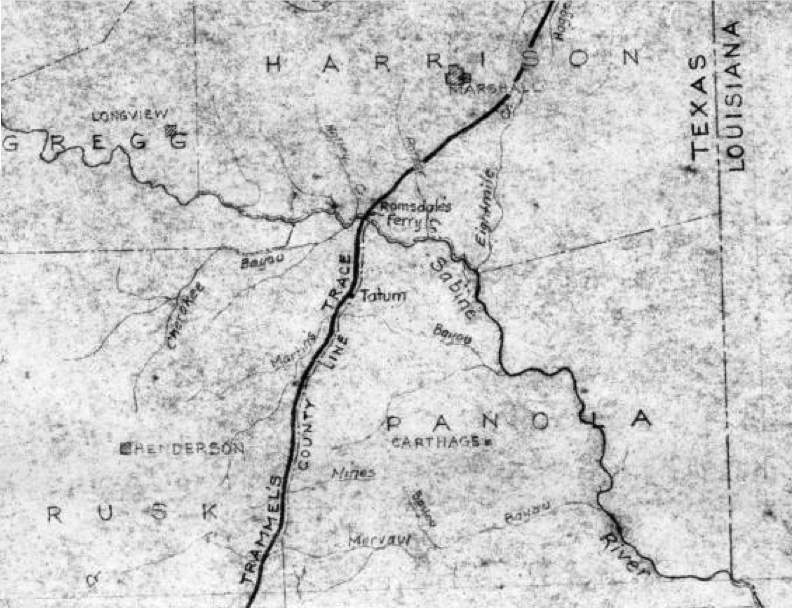As can be seen in the map above, Trammel’s Trace crossed the Sabine at Ramsdale’s Ferry, not at Walling’s Ferry, and then continued following the modern-day boundary between Rusk and Panola Counties, which caused the path of Trammels Trace to go through Tatum, not what is now Easton.  From nonjohn.com