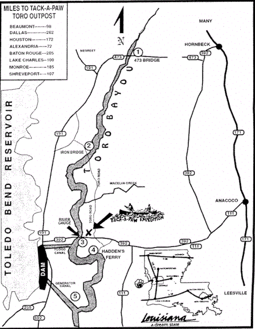 Map of Toro Bayou, used by Tack a Paw Expeditionsl which orchestrates canoe ventures down the creek and/or part of the Sabine River.