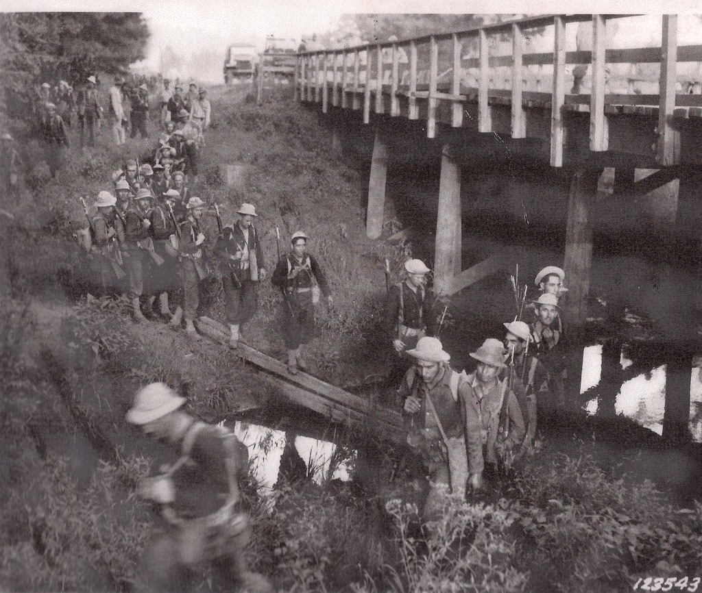 Blue Army troops crossing at the Goodson Creek Bridge on present day La. Hwy. 118 as they advanced toward Mount Carmel. (Robertson Collection)