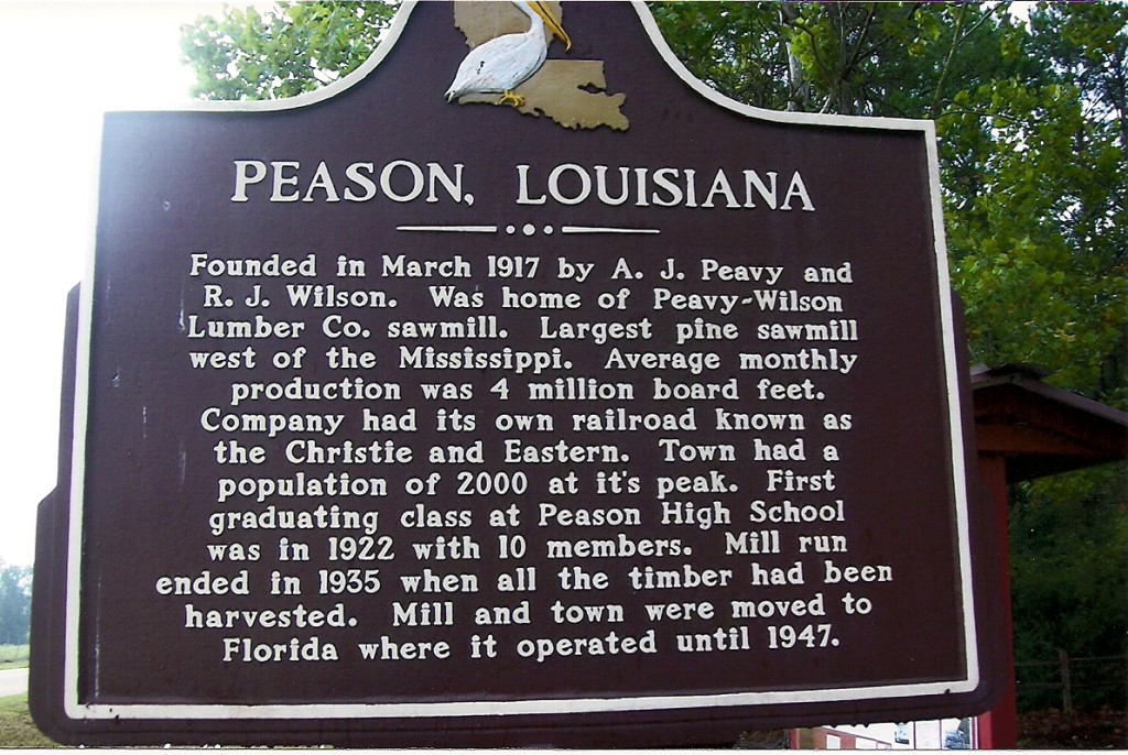 Historical marker to the sawmill town of Peason, Louisiana is located at the Peason Memorial Park. The park is located on La. Hwy 118 at the site of the town and mill. (Robertson Collection)