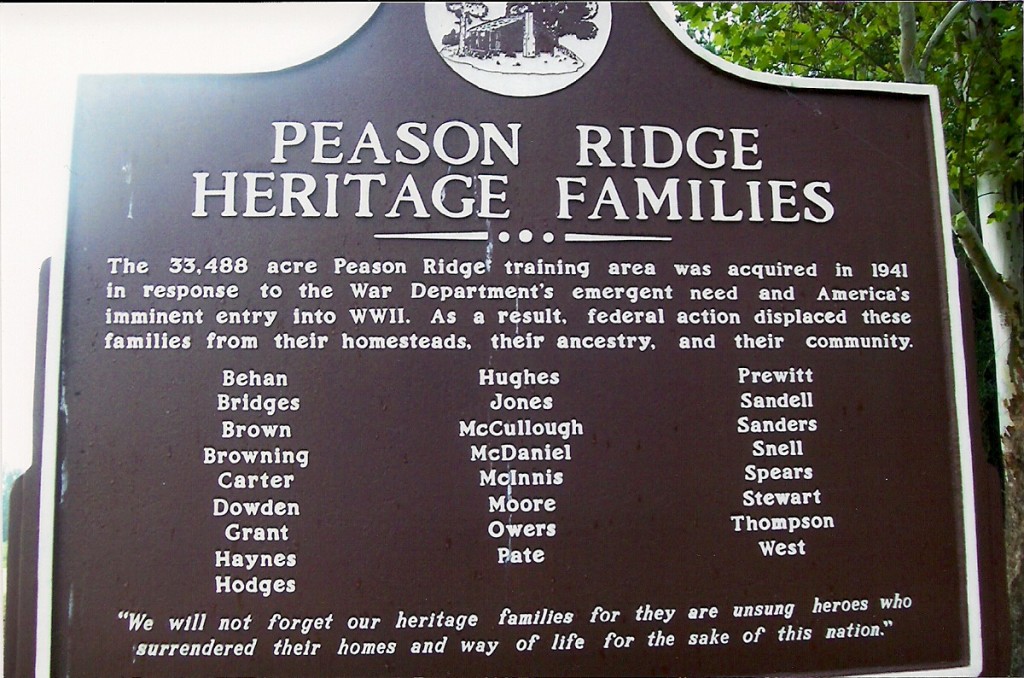 Historical marker to the Heritage Families of Peason Ridge located in the Peason Memorial Park. (Robertson Collection)