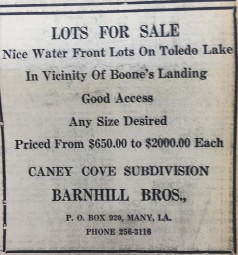 Lots for Sale advertisement in the late 1960s, shortly after Toledo Bend Lake was formed. Lots are near where Pine Flat community once stood